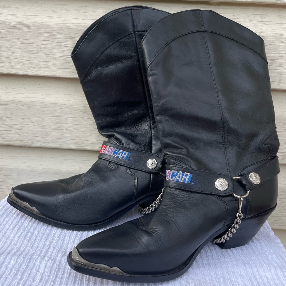 NASCAR Laredo Made in Brazil Black Leather Slouchy Studded Chain Boots Size 10